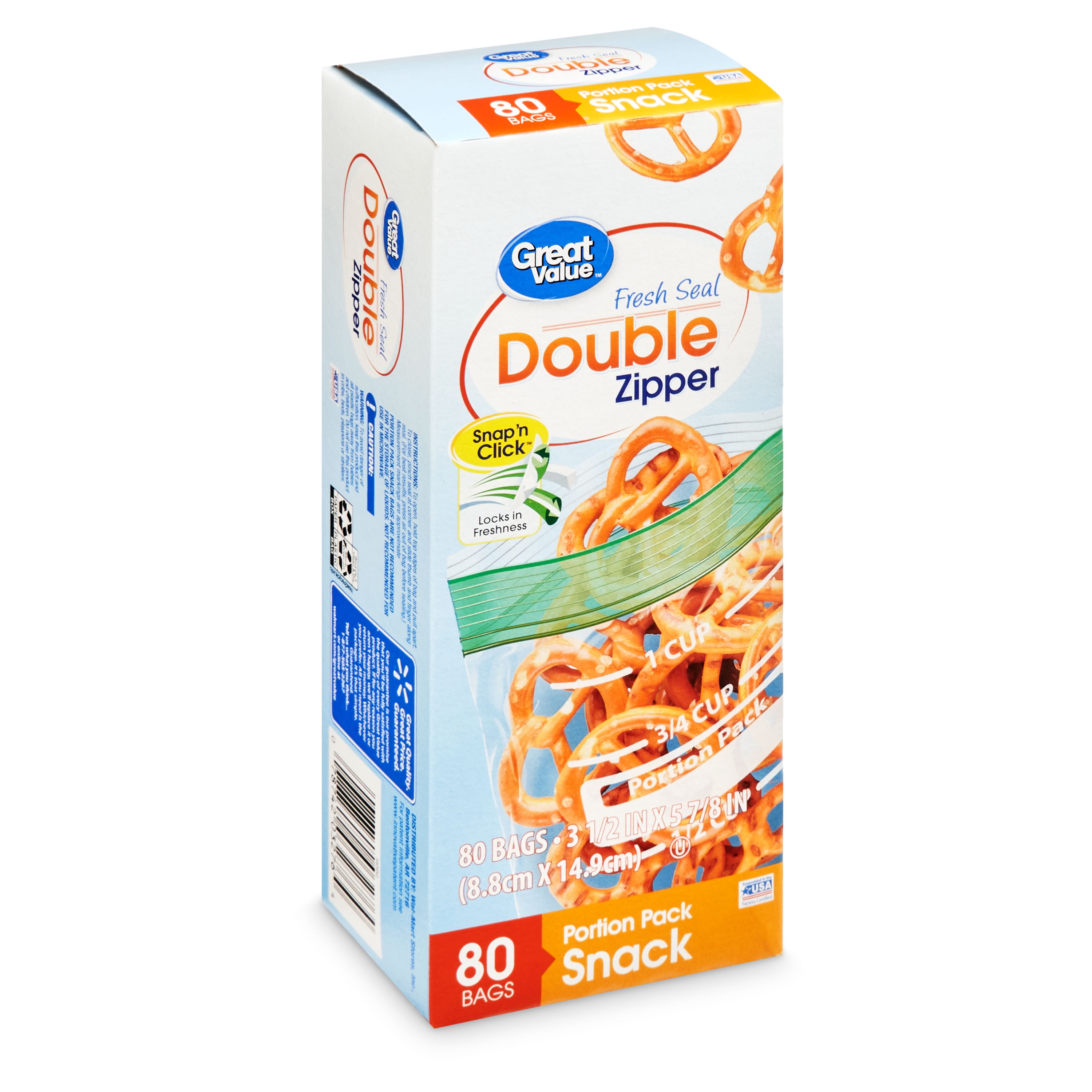 Great Value Fresh Seal Double Zipper Portion Pack Snack Bags 80 Count
