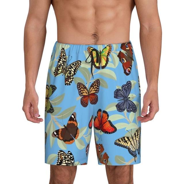 Balery Multicolored Butterflies Pantalones cortos de pijama de punto de algodón para hombre con cinturilla y bolsillos-Large