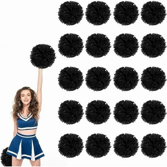 EONQY Cheerleading Pom Poms, 20 Pack Cheerleader Pom poms with Baton Handle, Cheering Squad Pompoms for School Dance Sports Team Spirit (Black)