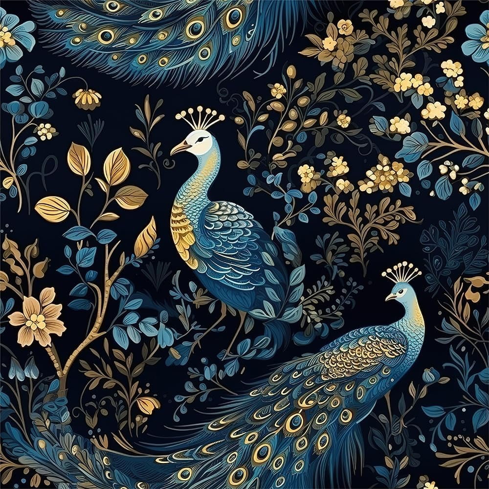 Gold/Yellow/Blue Peacock Animal Plants Dark Black Peel and Stick Wallpaper Stick on Contact Paper Vintage Wall Paper Easy Peel Off for nightstand Drawer Cabinet Renter
