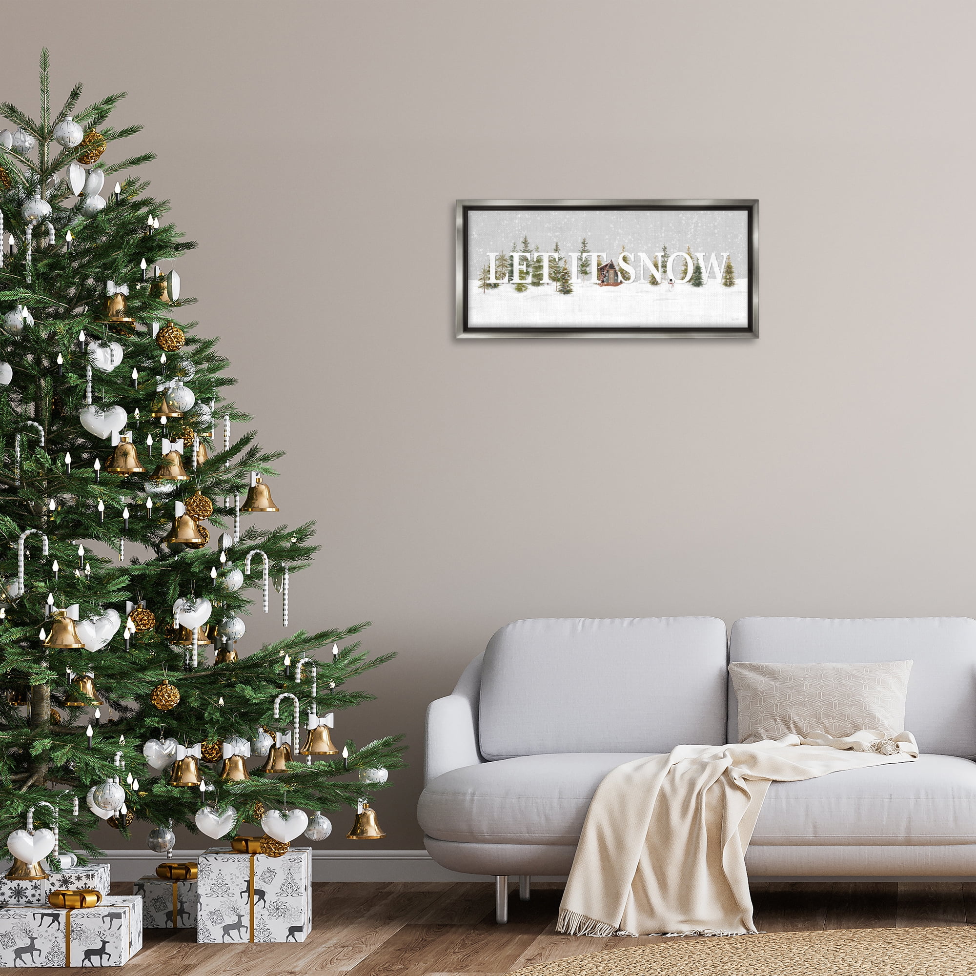 Stupell Industries Let It Snow Scene Holiday Painting Gray Floater Framed Art Print Wall Art, 31 x 14