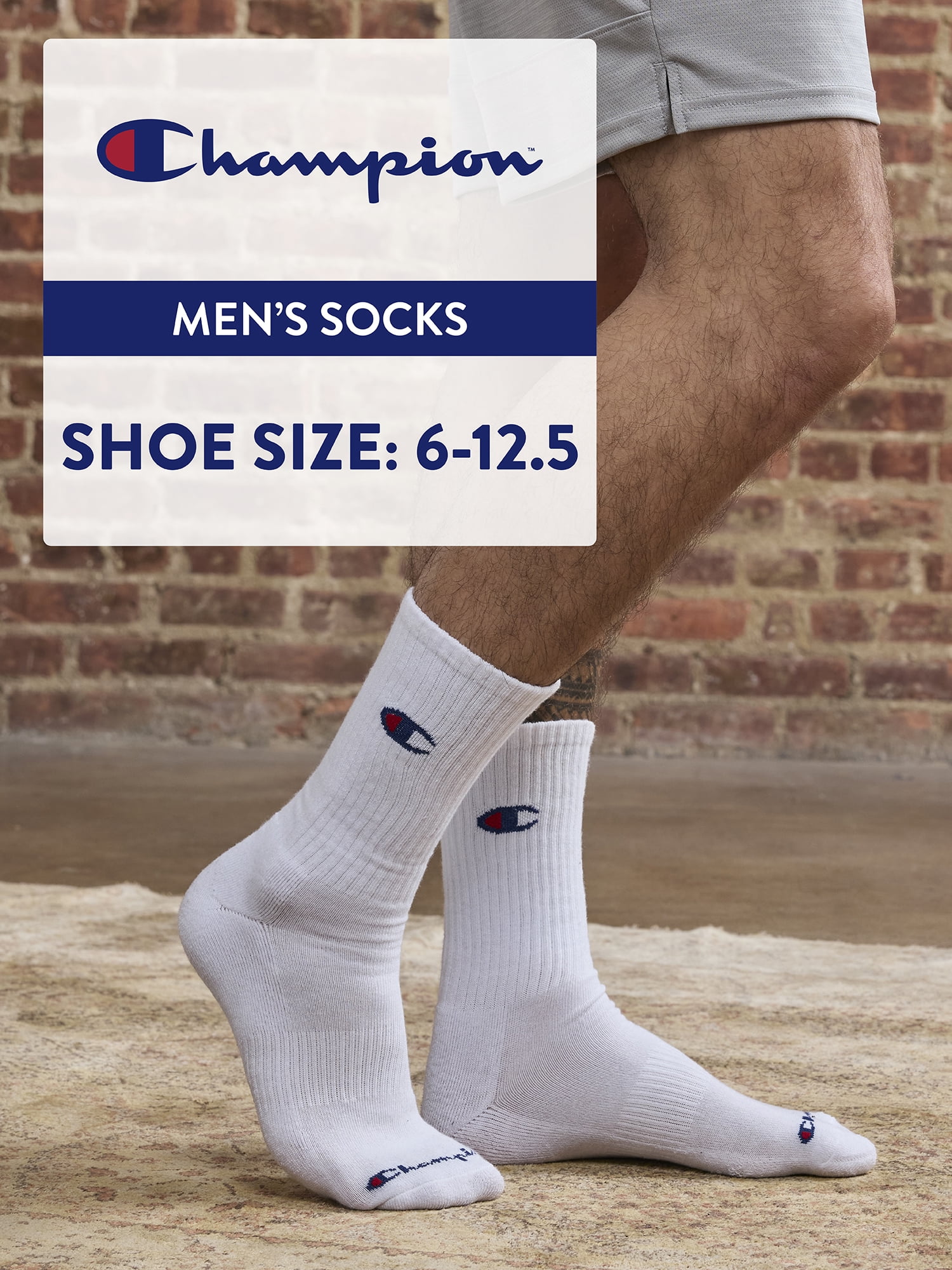 Champion Men’s Crew Socks 8 Pack – Half Terry Cushion, Moisture-Wicking, Arch Support, Reinforced Toe & Heel, Sizes 6–12.5