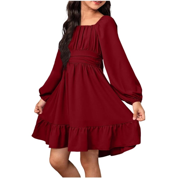 Vestido Largo de Manga Larga de Color Sólido de Moda Y Cómodo para las Niñas con Falda Plisada de Cinturón para Diario, Viajes, Vacaciones, Fiestas de Cumpleaños