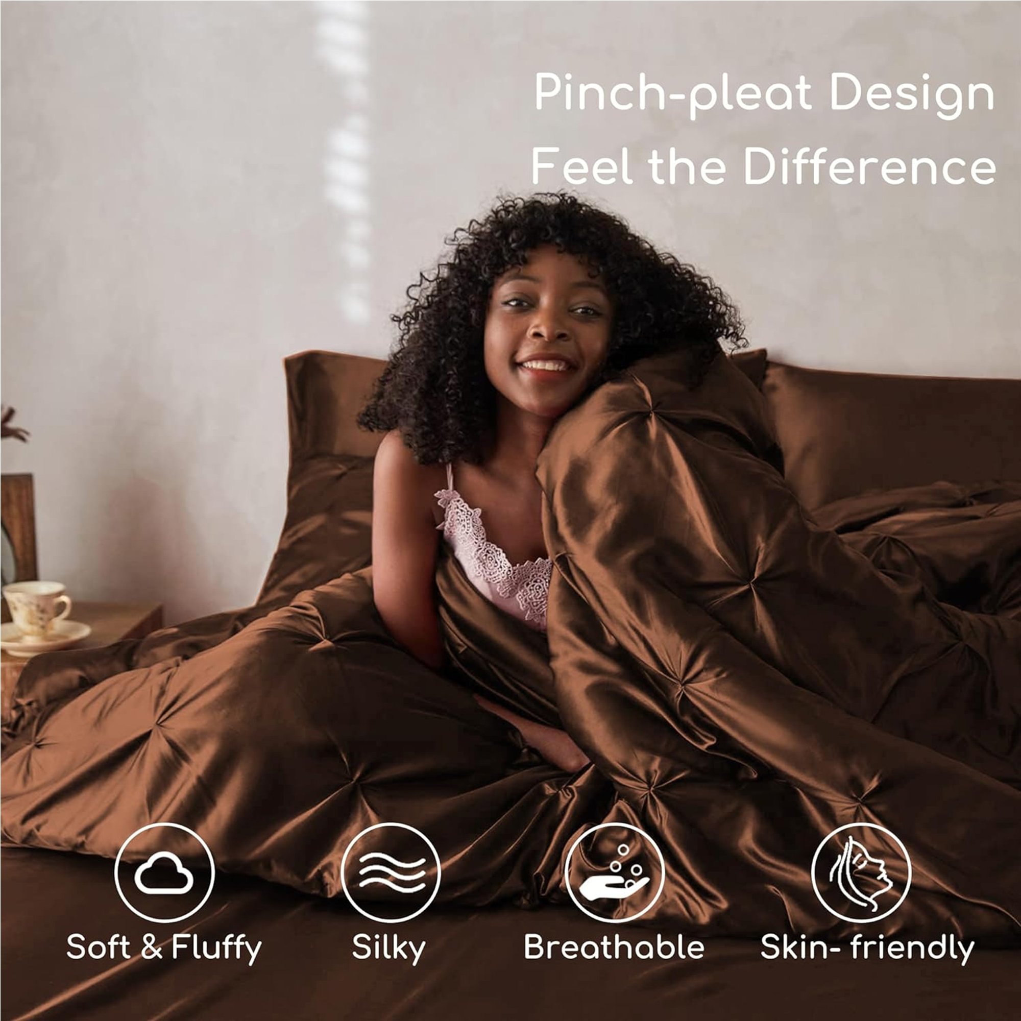 MR&HM Satin Comforter Set Full Size 7 Pieces - Luxurious Pinch Pleat Bedding Set, Silky Full Comforter, Flat Sheet, Deep Pocket Fitted Sheet with Corner Straps, Satin Pillowcases & Shams (Brown)
