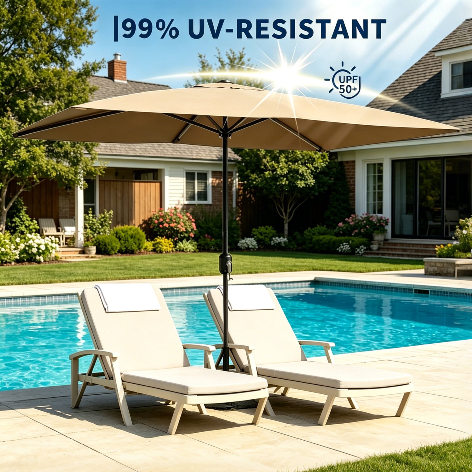 Kool 10x6.5ft Rectangular Patio Umbrella with Crank Handle, Outdoor Market Umbrella with 6 Sturdy Umbrella Ribs, Waterproof, Tan