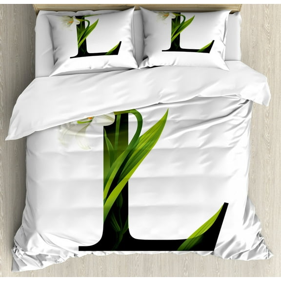 Letter L King Size Duvet Cover Set, Conceptual ABC Typography Capital L with Lily Flourish Floral Natural Grace, Decorative 3 Piece Bedding Set with 2 Pillow Shams, Green White Black, by Ambesonne