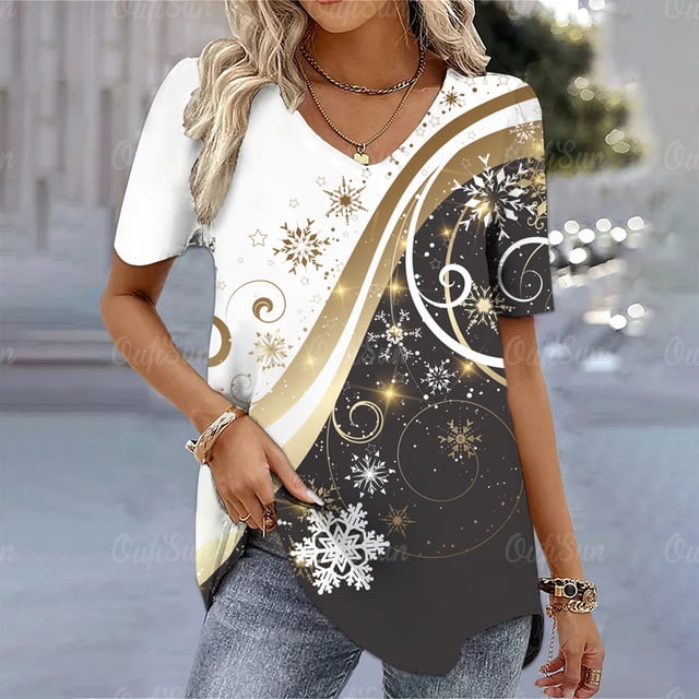 Camisetas con estampado de tema navideño para mujer, camisetas de manga corta, ropa de moda divertida feliz para mujer, jersey de gran tamaño con cuello en V