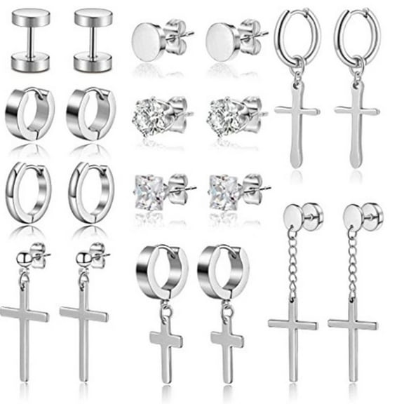 WE-POLUJ 10 Set Long Chain Stud Cross Dangle Earrings Set Cool Titanium Steel Hinged Hoop Stud Dangle Earrings for Mens Silver