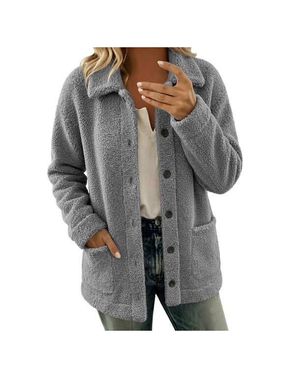 2026 Women's Fleece Shacket Collared Mid Length Patch Pockets Winter Warm Casual Oversized Soft Touch Relaxed Button Down Jacket, S-XXL