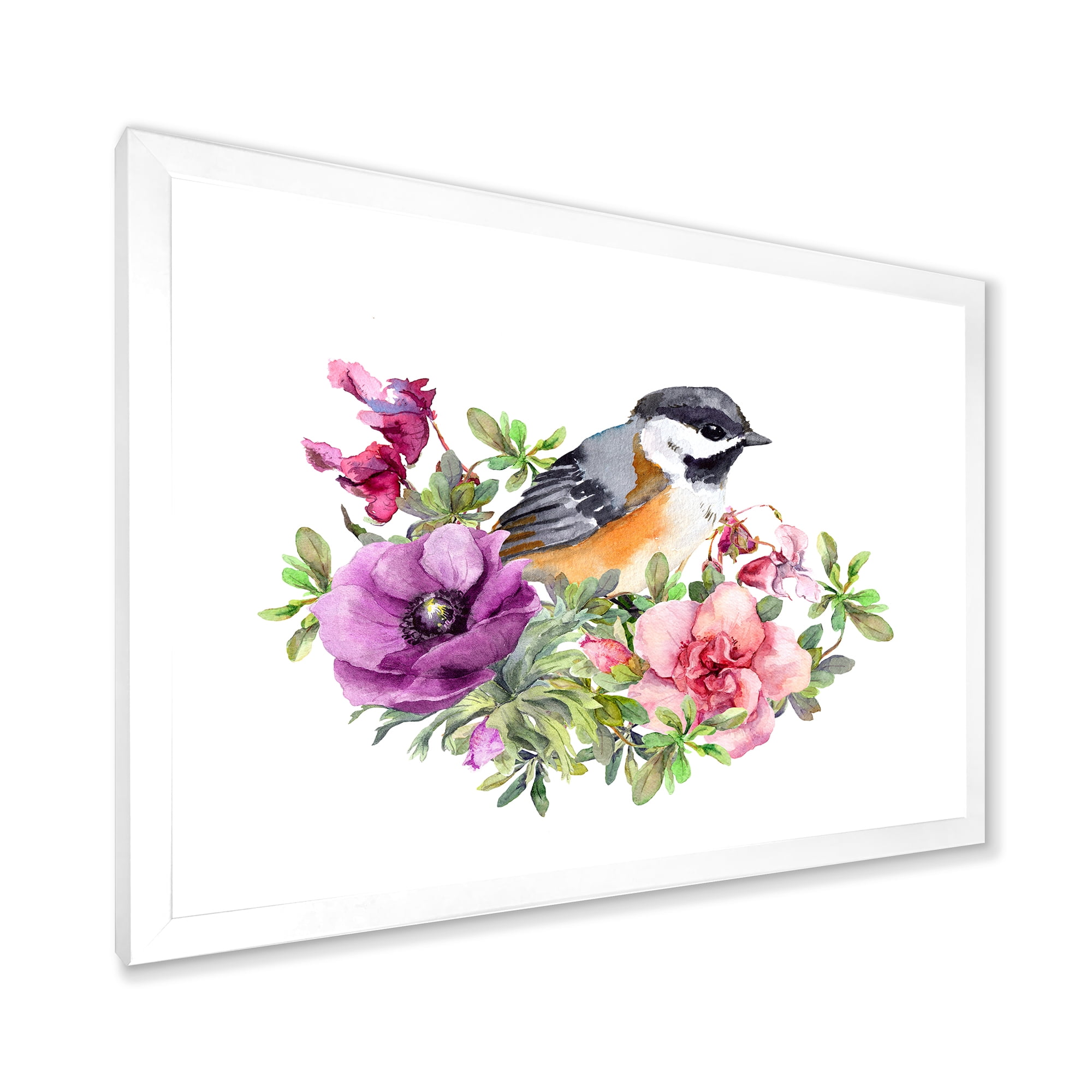 Designart 'Cute Bird In Purple and Pink Flowers' Traditional Framed Art Print