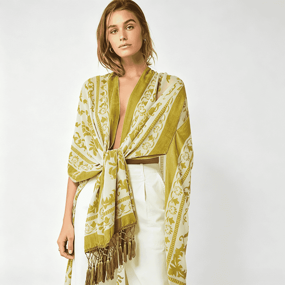 WeHello Women's Olive Green Bohemian Burnout Floral Tassel Kimono Cardigan, Open Front Casual Holiday Beach Layering Shawl Cover Up