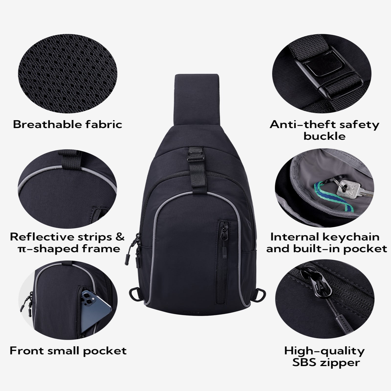 WATERFLY Unisex Lightweight Travel Hiking Nylon Cross-Body Shoulder Chest Bag,Black