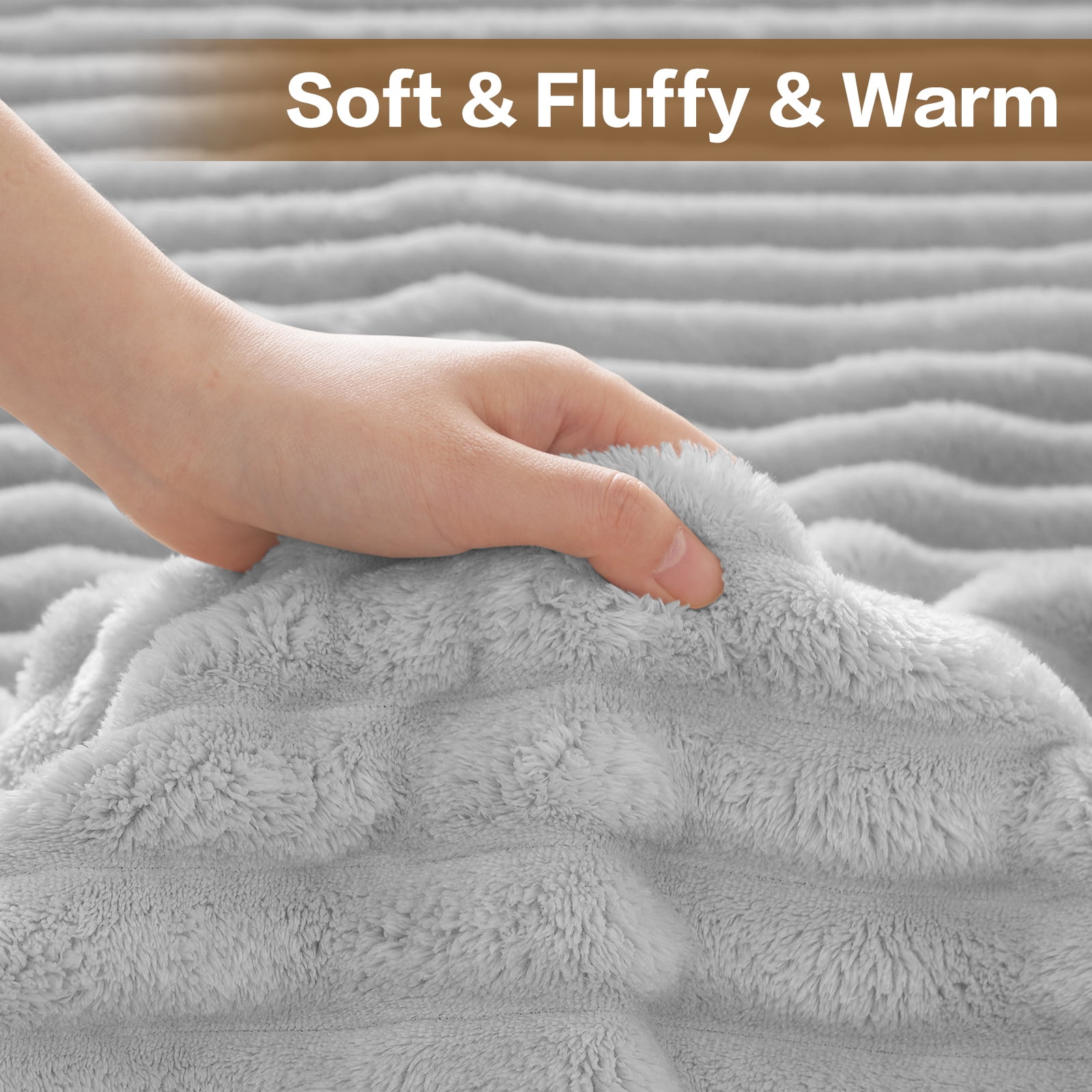 EMONIA Light Gray King Fleece Blanket for Bed, 320GSM Super Soft Cozy Blankets and Throws, Decorative Throw Blankets for Women Men Gifts, Throws with Stripes for Sofa Bed Decor, 108''x90''