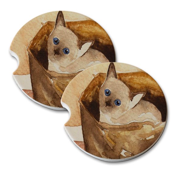 KuzmarK Sandstone Car Drink Coaster (set of 2) - Siamese Kitten in Paper Bag Cat Art by Denise Every
