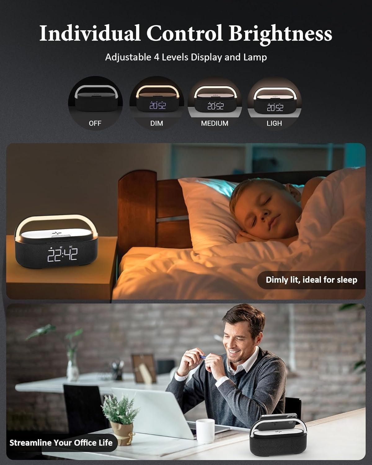 FreeFish Bluetooth Speaker Alarm Clock with Wireless Charger, LED Night Light, 2500mAh Battery - For Bedroom, Home + 18W Adapter Black