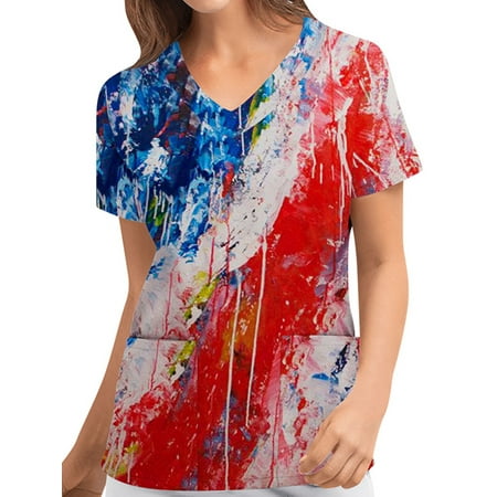 

Haite Women Scrub Tops Short Sleeve V Neck American Flag Print Patriotic Tops with Pockets