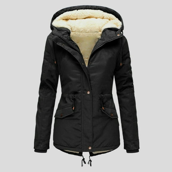Pxiakgy winter coats for women Women Fashion Drawstring Hoodie Coat -Fur' Winter Warm Inside Padded Jacket Winter Coat Slim Zipper Hooded Jacket coat for women Black   L
