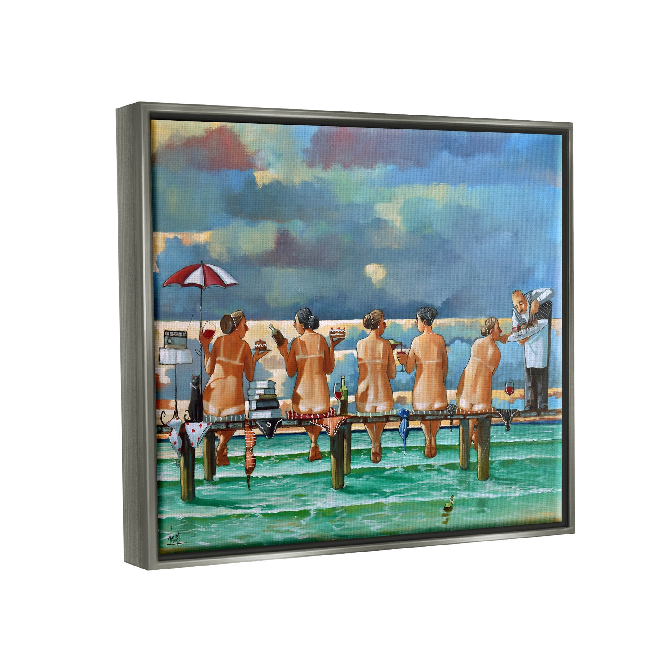 Beach Dock Women Summer Fun Coastal Painting Luster Gray Framed Art Print Wall Art