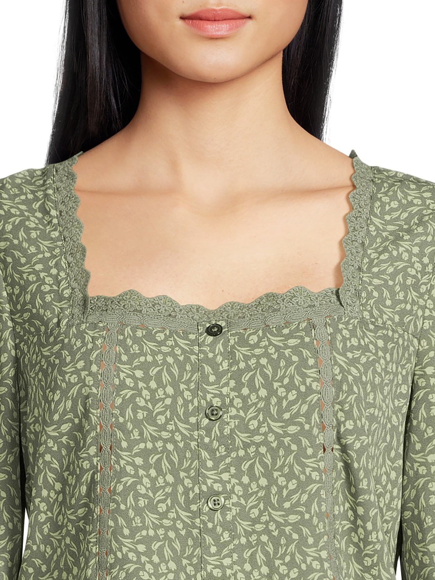Self Esteem Juniors Square Neck Lace Trim Top with Long Sleeves, Sizes S-XL