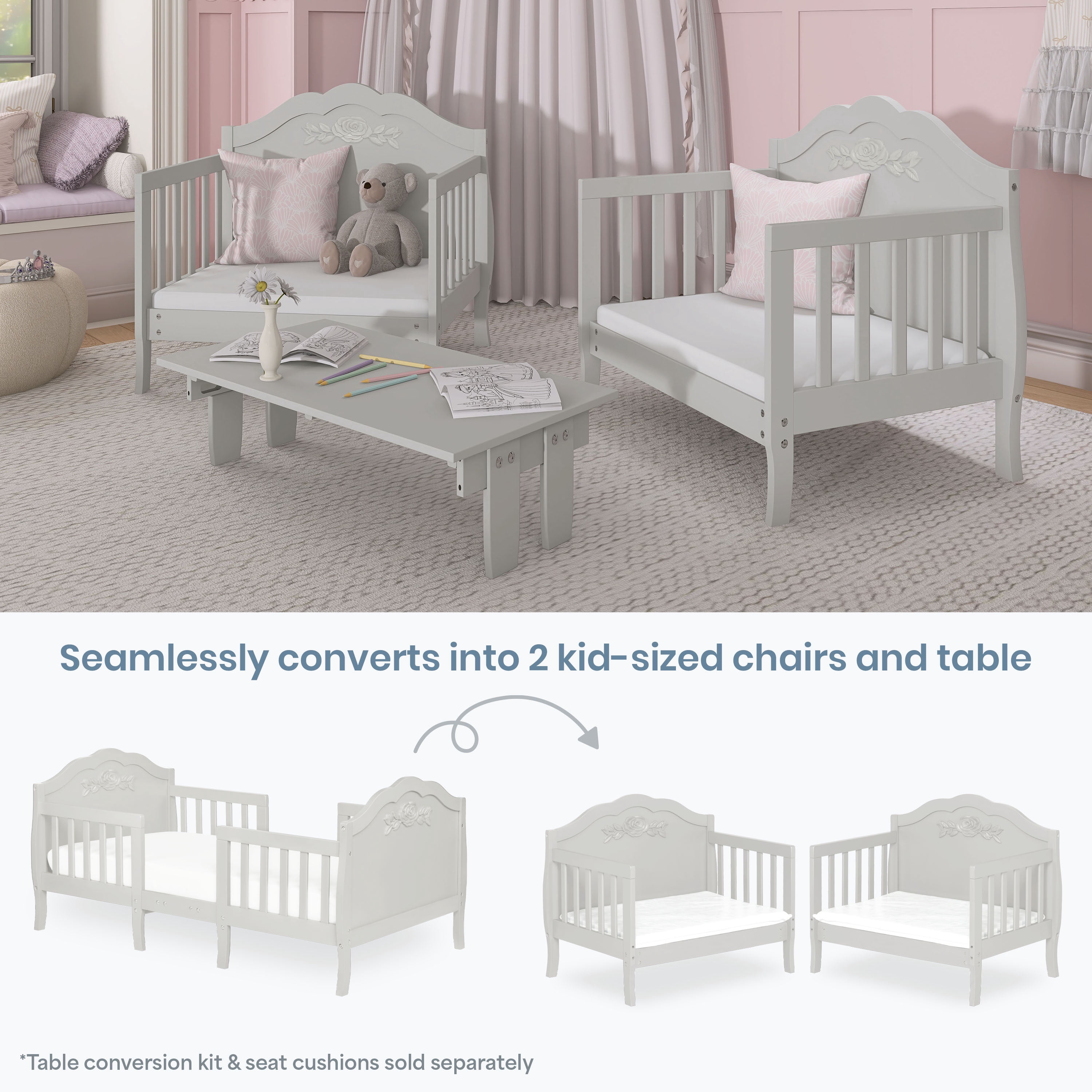 Dream On Me Rose 3-in-1 Convertible Toddler Bed, Greenguard Gold and JPMA Certified, Platinum