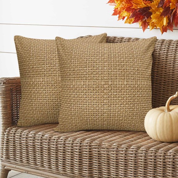 Farmhouse Throw Pillow Covers 16x16 Inch Set of 2, Country Chic Plaid Gingham Burlap Texture Waterproof Outdoor Pillow Covers, Decorative Cushion Pillowcases for Couch, Sofa, Bed, Garden, Patio