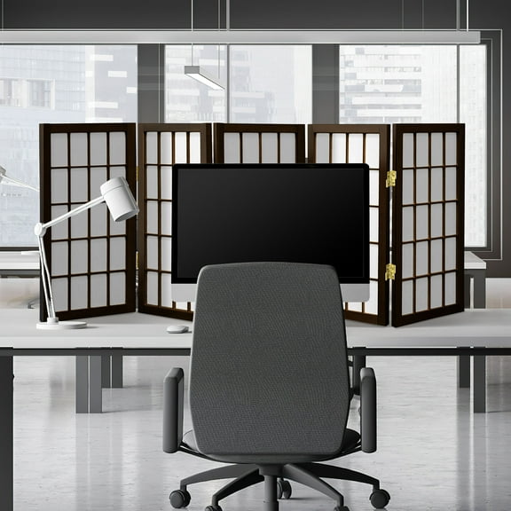 2 ft. Tall Desktop Window Pane Shoji Screen - Walnut - 5 Panels