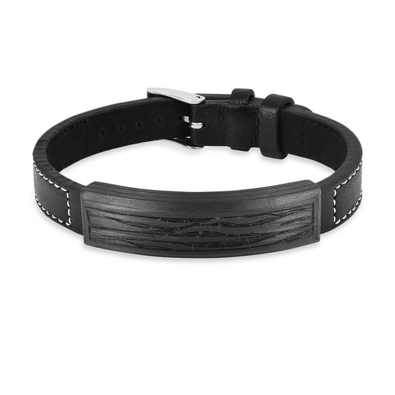 Real Black Leather Bracelet for Men In Stainless Steel with Carbon Fiber Men Accessories Gift