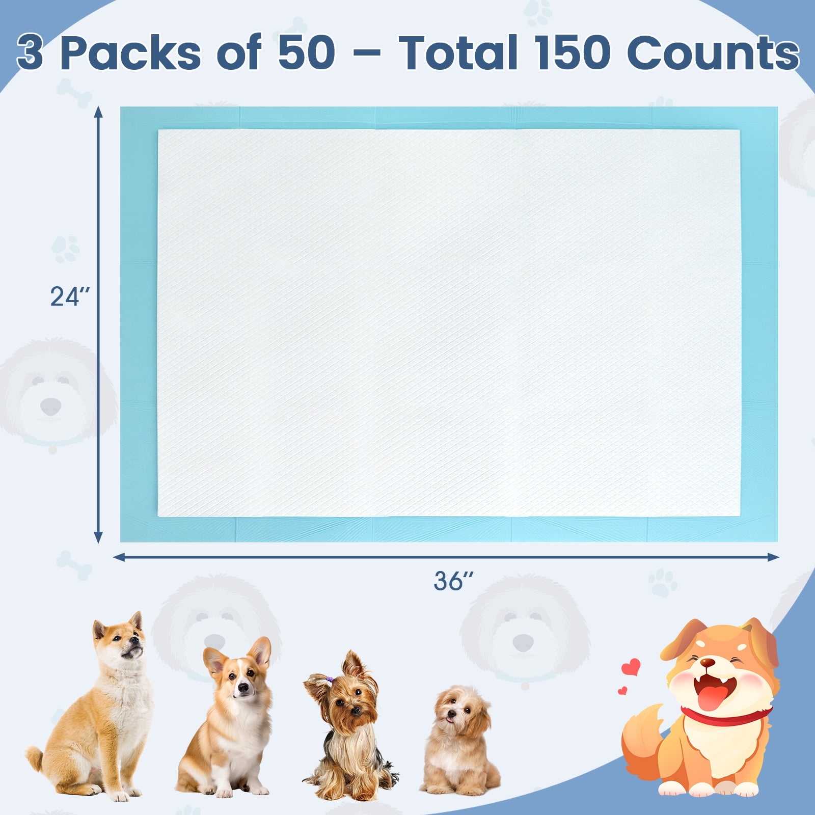Gymax 36'' x 24'' (150 Counts) Dog Potty Training Pads Puppy Pee Pads w/6-layer Construction Quick-Drying