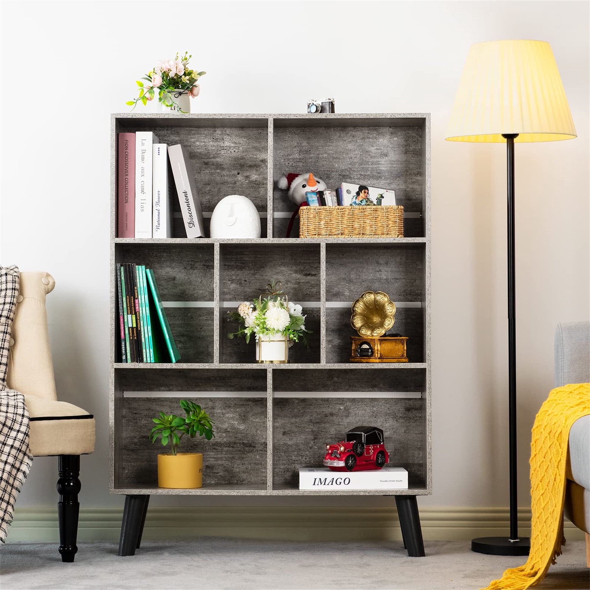 Aukfa 43" Tall Storage Organizer Wooden 7 Cube Bookcase with Legs for Home Office, Gray
