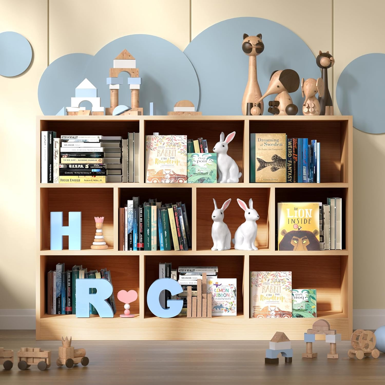Cozy Castle Wood Bookshelf, 3-Tier Open Shelf Bookcase, 10 Cube Storage Organizer with Anti-Tilt Device for Bedroom, Living Room, 55.12" W x 11.6" D x 40.95" H, Oak
