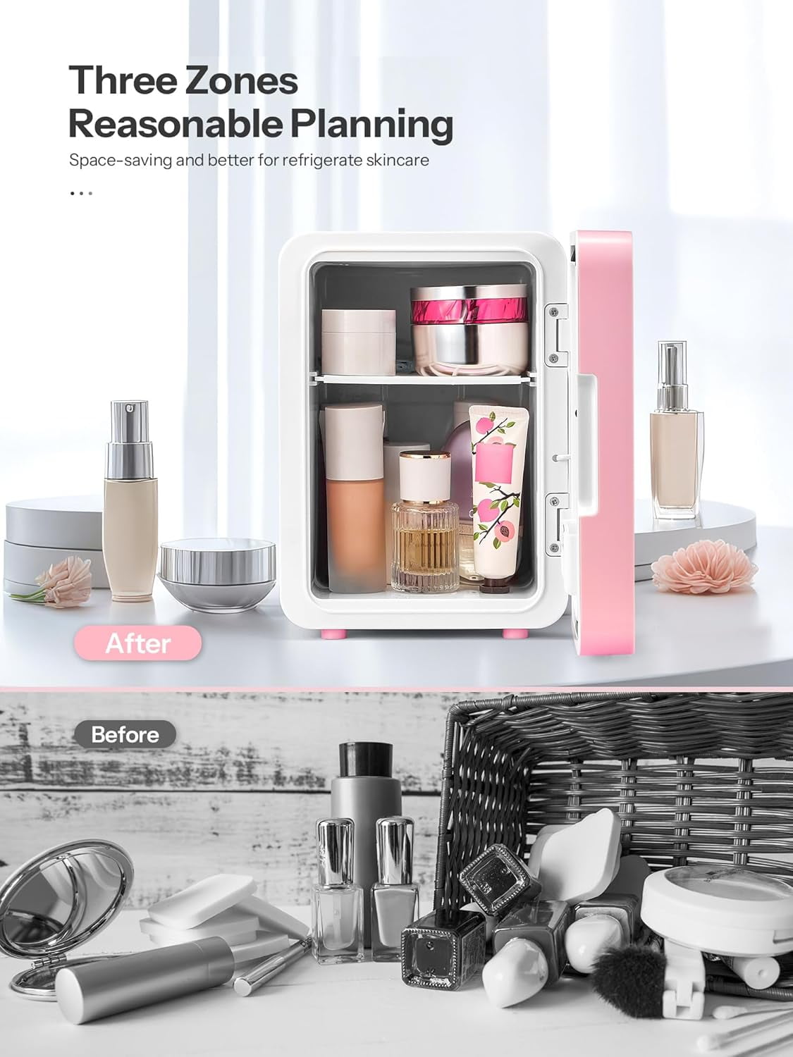Skincare Fridge,  Beauty Fridge with LED Mirror, 4L Portable Small Refrigerator for Bedroom, Car, Office & Dorm, Cooler & Warmer (Pink)