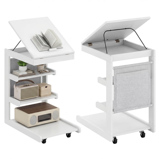 Costway 2 Pcs Table d'Appoint en Forme de C avec Roues, Plateau Réglable, Butée de Bord, Pochette de Rangement, Blanc