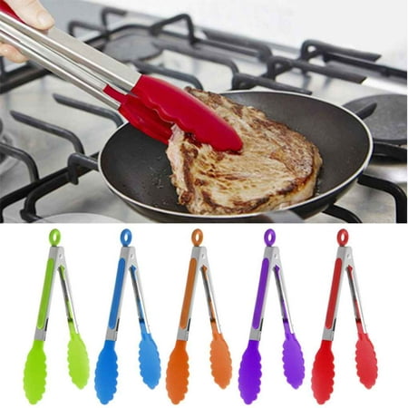 Kitchen Salad BBQ Silicone Tongs Stainless Steel Locking Head Serving Tongs with Built-in Stand Non-slip for Barbecue, Grilling,