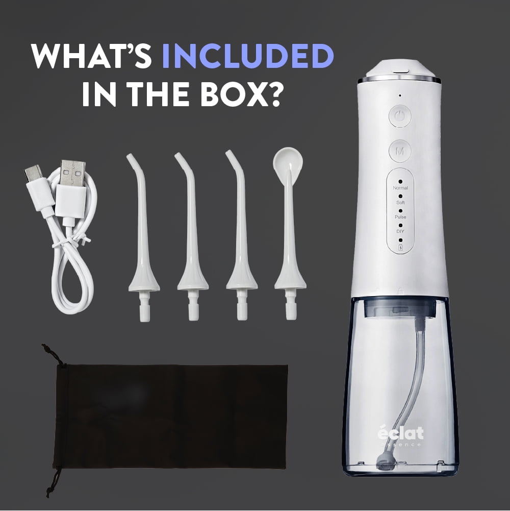 Éclat Portable Electric Waterproof Water Flosser for Deep Teeth Cleaning - 300ML Tank, USB-C Rechargable, Long Lasting 30 Day Charge, 4 Accessories Included BPA Free (White)