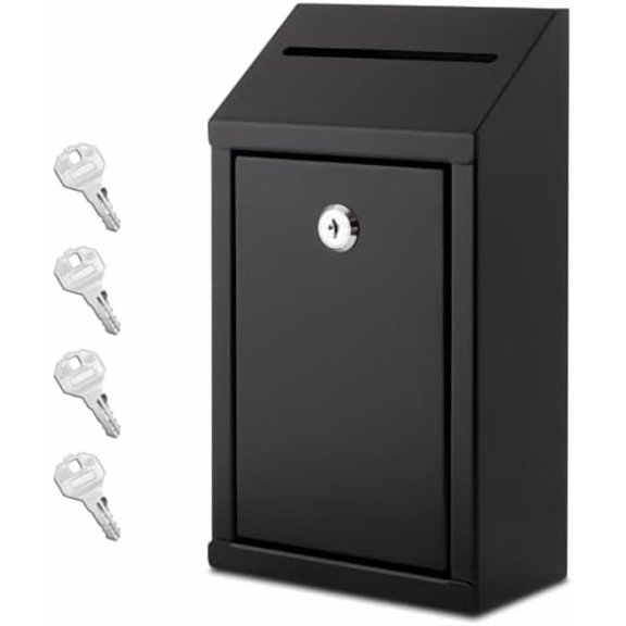 Metal Donation Box with Lock, Wall Mounted, Suggestion Box with 4 Iron Keys, Black, Cash Drop Box with Slot, 1-Pack