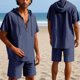 thumbnail image 2 of Conjunto de Pantalones Cortos para Hombre 2 Piezas Outfits Color Sólido Botón Cordón de Lino Camiseta con Capucha Y Pantalones Cortos de Playa, 2 of 9