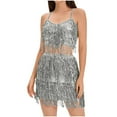 thumbnail image 4 of hotojiny Women 2 Piece Sparkly Sequin Dance Outfits Tassels Bodycon Crop Top Mini Dress Clubwear Skirt Set, 4 of 6