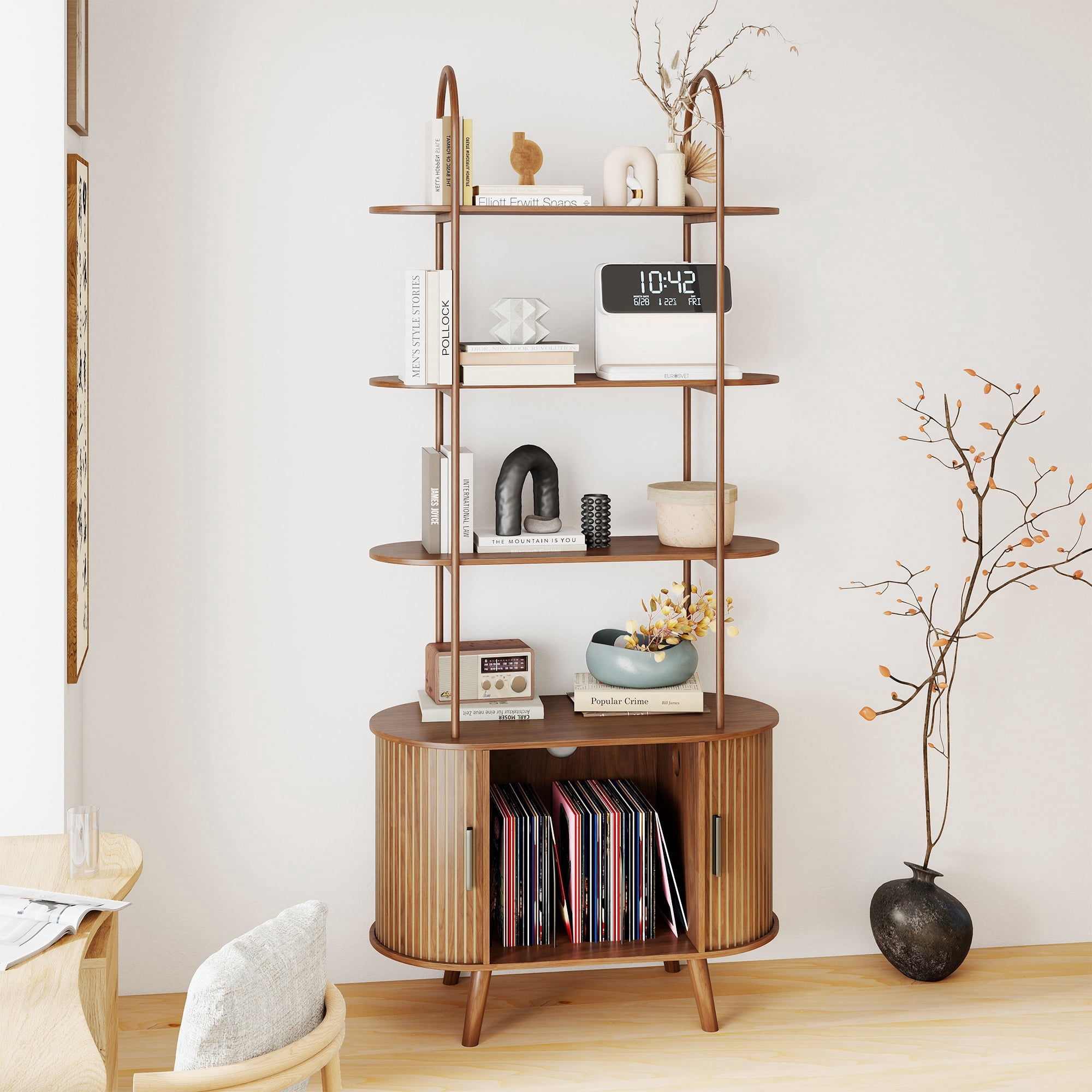 68.9" Tall Arched Bookshelf with with Sliding Tambour Doors, 4-Tier Open Display Storage Shelf, Vinyl Record Player Stand for Home Office, Living Room, Walnut