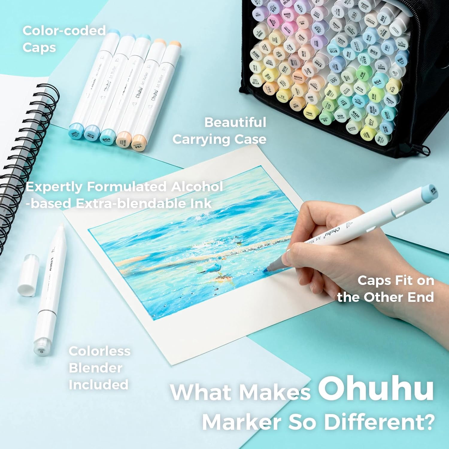 Ohuhu 96 Pastel Alcohol Markers, Brush & Fine Tips, for Adult Coloring & Illustration, Honolulu B Series