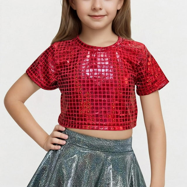 Chemises Métalliques Brillantes pour Filles Col Rond Manches Courtes Crop Tops pour Danse Raves Festivals 3-16 Ans 50 % Économies d'Été