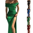thumbnail image 3 of Womens Satin Pleated Slip Dress Sexy Solid High Split Party Dress Off-Shoulder, 3 of 10