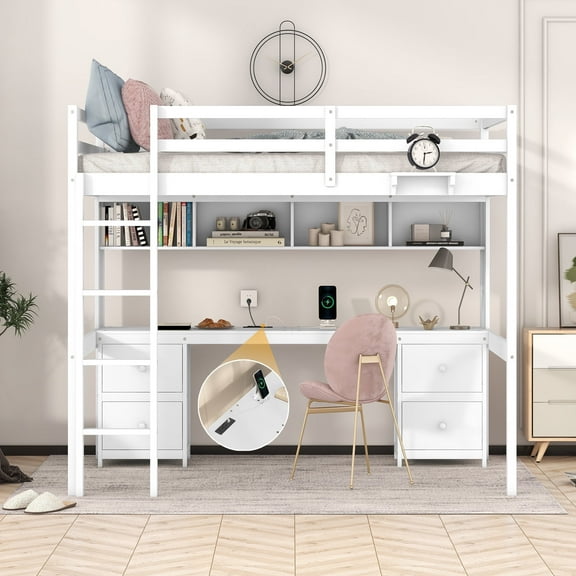 Kumix Loft Bed Full Size with Desk, Wood Loft Bed with Drawers and Bedside Tray, Charging Station for Teens Adults, Heavy Duty Loft Bed for Bedroom, Dorm, Noise-Free, Space-Saving, White