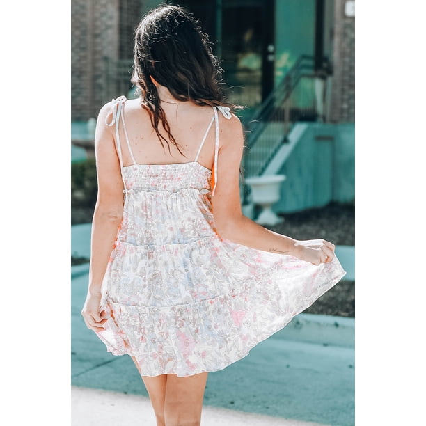 ABPHQTO Vestido floral con volantes de babydoll con tirantes finos blancos para mujer
