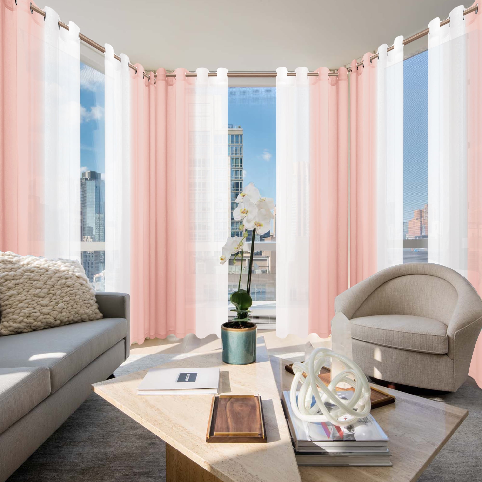 XWZO Pink Sheer Curtains 2 Panels for Girls Room, Faux Linen Semi Voile Gradient Grommet Curtains for Bedroom, Modern Living Room Window Curtain Panels, 52 x 84 Inch, Blush
