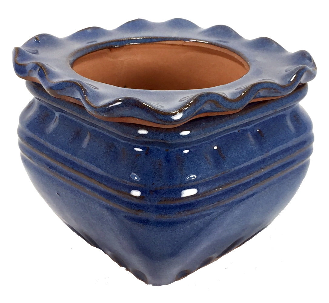 Scallop Square Self Watering Glazed Ceramic Pot Ocean Blue 5.3
