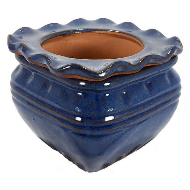 Scallop Square Self Watering Glazed Ceramic Pot Ocean Blue 5.3
