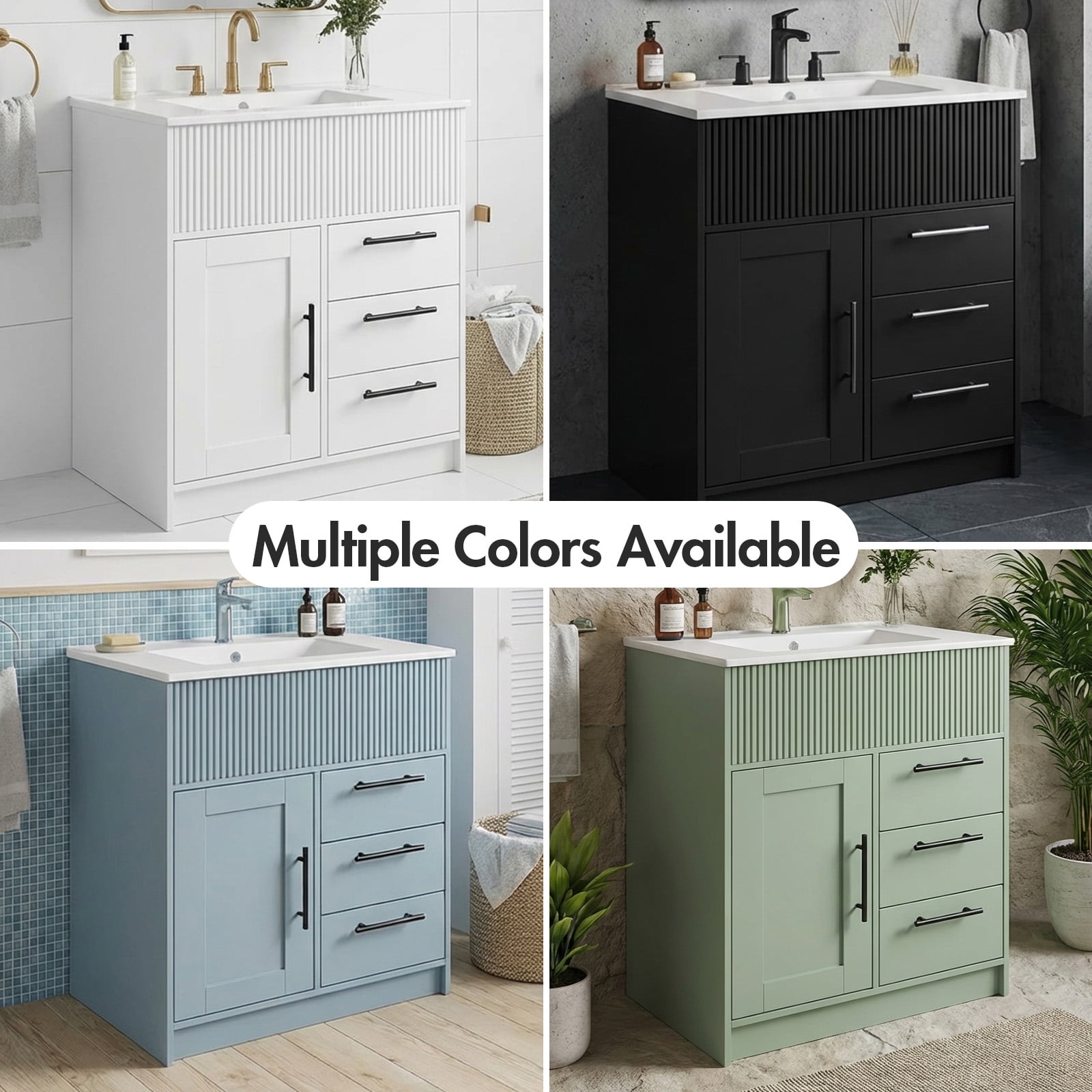 Advwin 24" Freestanding Bathroom Vanity with Ceramic Sink, Modern Bathroom Storage Cabinet with 3 Drawers, Black