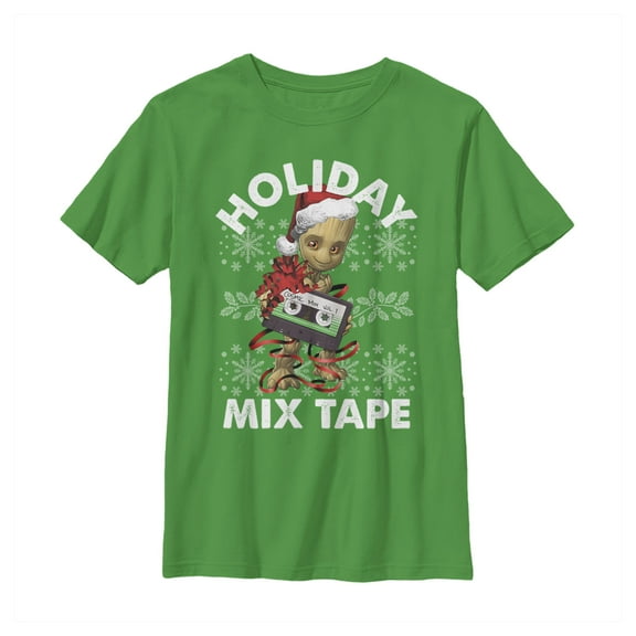 Boy's Marvel Christmas Groot Mix Tape  Graphic Tee Kelly Green Large