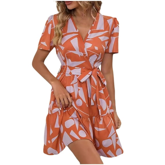 Drses Women's All Over Print Short Puff Sleeve V Neck Belted Dress Ruffle Hem A Line Short Dresses