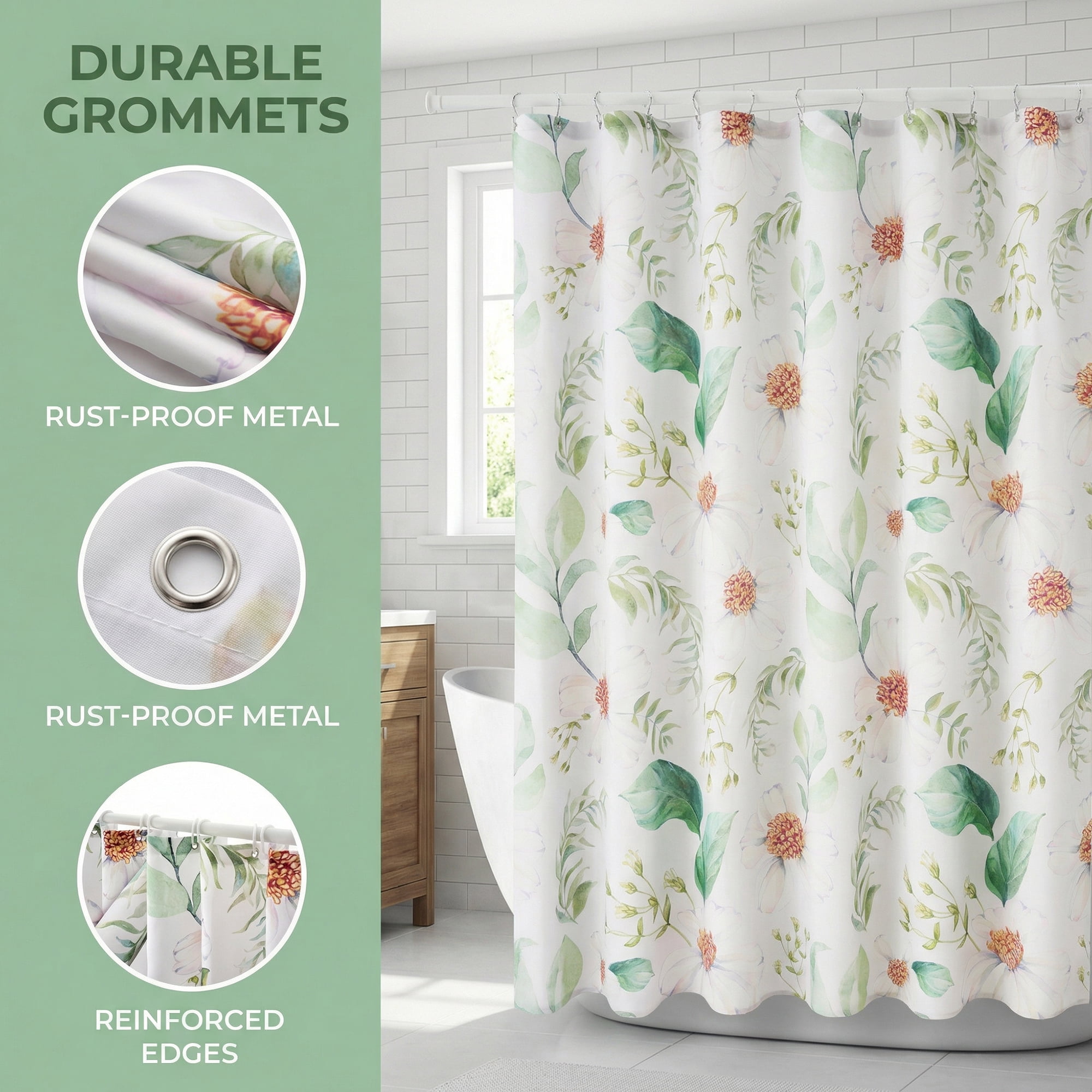 Unique Bargains Waterproof Leaf Shower Curtain Sets Hooks Green Pattern 4 71"W x 71"L